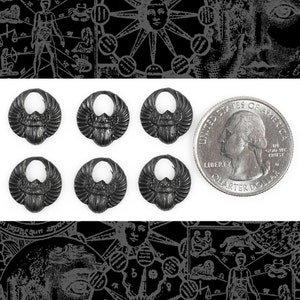 May include: Six black metal scarab beetle charms with wings, each about the size of a US quarter.