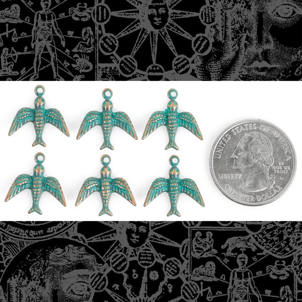 Verdigris Finished Brass Flying Bird Charms - Set of Six - V-C08