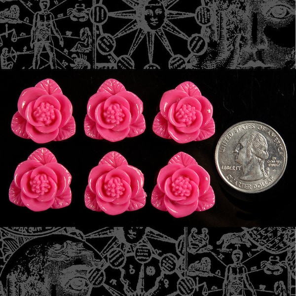 Bright Pink Fuchsia Rose Cameo Cabochons 21mm x 22mm - Set of Six - Flwr79