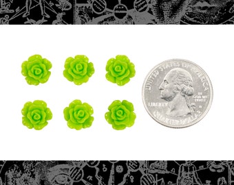 Lime Green Miniature Full Blooming Rose Cameo Cabochons 9mm - Set of Six * Flwr115