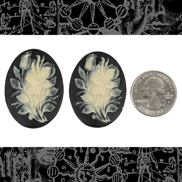 Two Black and Ivory Rose Cameos 30x40mm Cameos     * CAM225