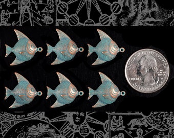 Verdigris Finished Brass Fish Charms - Set of Six - XXX - *V-C28
