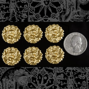 May include: Six gold-colored metal buttons with a lion's face design. The buttons are arranged in two rows of three on a black background. A silver US quarter is included for scale.