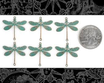 Verdigris Finished Brass Medium Ornate Dragonfly Two Ring Connectors - Set of Six - V-2C13