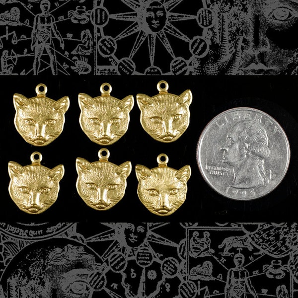 Raw Brass Cat Face Charms - Set of Six *B-C74