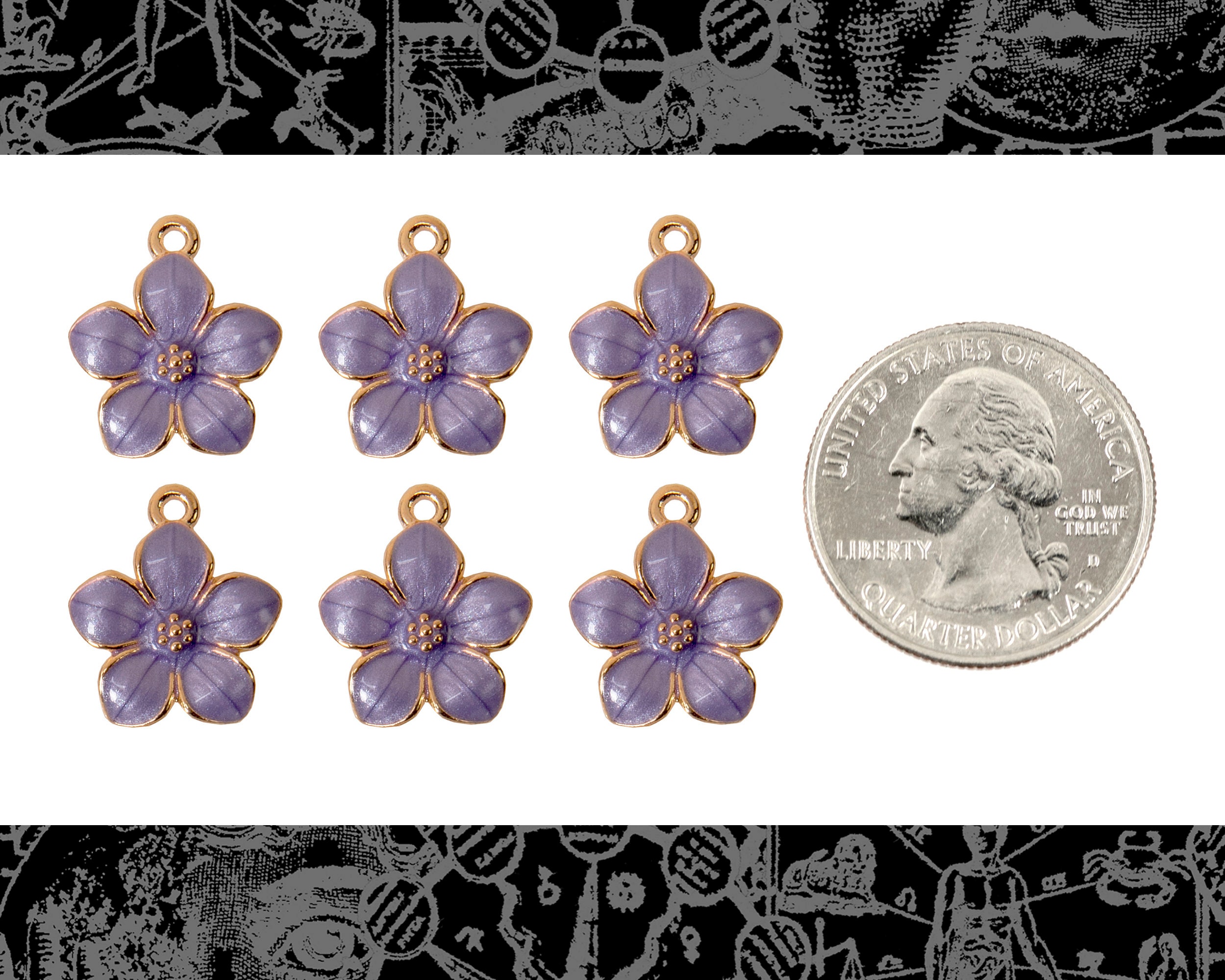 Gold Finish and Lavender Enamel Flower Charms - Set of Six - XXX