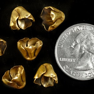 以下が含まれることがあります： 黒い表面に、金色の金属製の5枚の花びらを持つ花の形をした装飾品が6つ並んでいます。スケールのために、アメリカの25セント硬貨が一緒に置かれています。