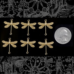 Raw Brass Medium Ornate Dragonfly Two Ring Connectors - Set of Six *B-2C13
