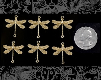 Raw Brass Medium Ornate Dragonfly Two Ring Connectors - Set of Six *B-2C13