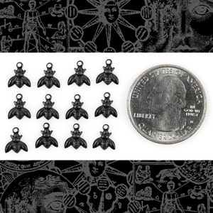 Può includere: Dodici ciondoli a forma di ape in metallo nero con un anello per attaccarli a gioielli o altri oggetti artigianali. I ciondoli sono circa delle dimensioni di una moneta da 25 centesimi di dollaro americano.