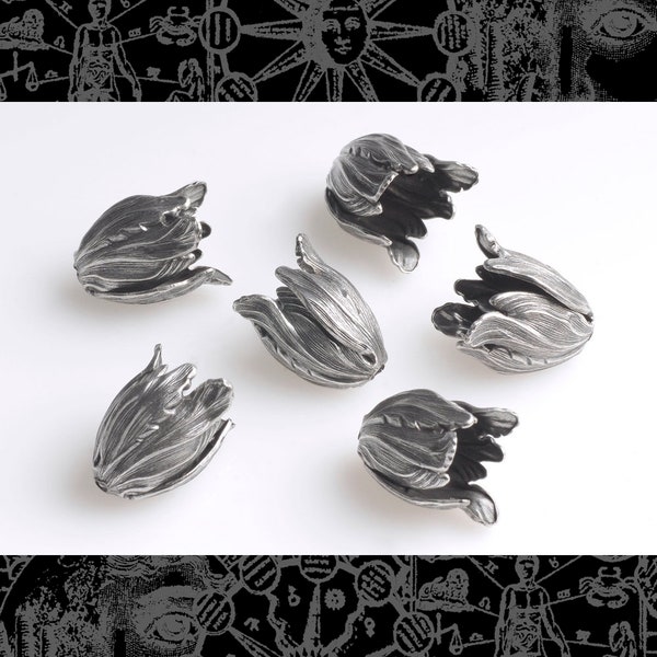 Antiqued Silver Plated Brass Tulip Beads Brass Charms Pendants - Set of Twelve- S-BC04