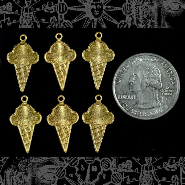 Raw Brass Ice Cream Cone Charms-  Set of Six - B-C91