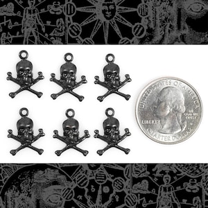 May include: Six black metal skull and crossbones charms with a silver quarter dollar for size comparison.