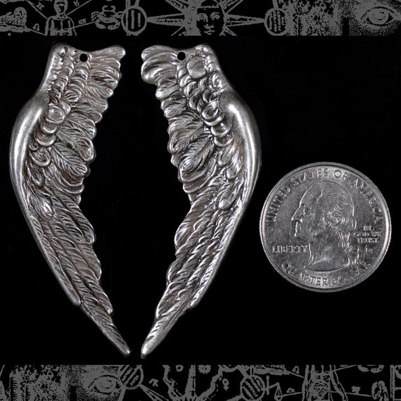 Antiqued Silver Plated Brass Huge Angel Wing Charms Pendants - One Set of Wings - S-P54