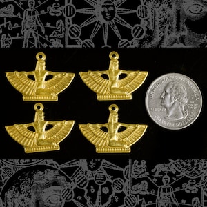 Raw Brass Mini Winged Egyptian Goddess Pendants or Charms - Set of Four *B-P57