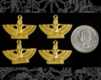 Raw Brass Mini Winged Egyptian Goddess Pendants or Charms - Set of Four *B-P57
