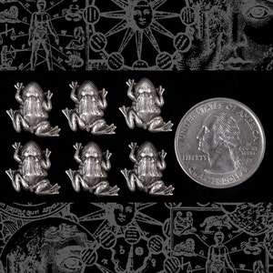 May include: Ten silver frog figurines with a detailed design. The frogs are arranged in two rows of five. The frogs are all facing forward with their mouths open. The frogs are all the same size and shape. The frogs are all made of metal and have a shiny finish.