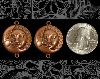Antiqued Copper Plated Brass Sun and Moon Pendants - Set of Two - C-P86