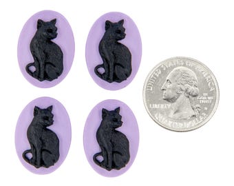 Black Cat Cameos Black Cat on Lavender Cameos 24mm x 18mm Cameos, Set of Four - XXX - *CAM358