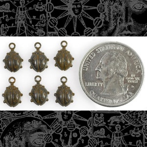 May include: Six antique-looking metal ladybug charms with a dark brown patina. The charms are about the size of a US quarter, which is shown for scale.
