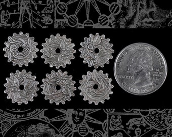 Six 16mm Solid Floral Patterned Etched Steampunk Silver Plated Brass Wheels Gears  *S-PG08