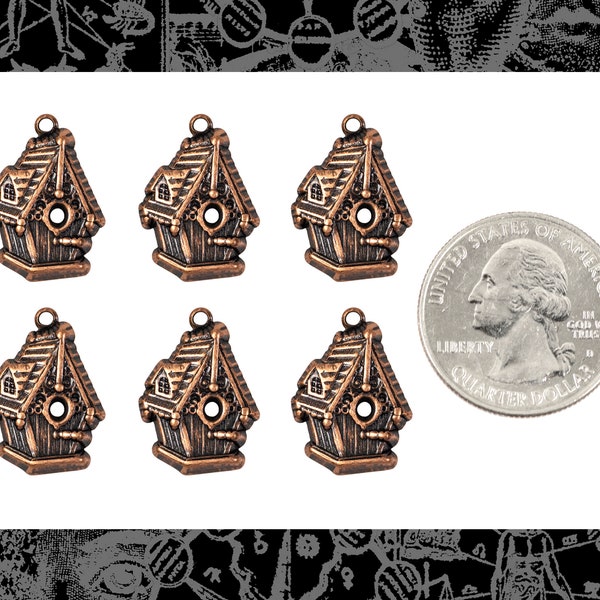 Antiqued Copper Plated Brass Birdhouse Charms - Set of Six - C-C141