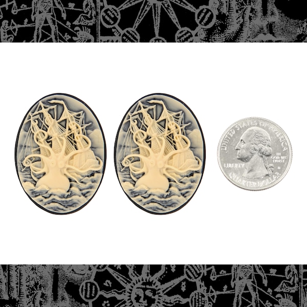 Barco negro y crema atacado por un pulpo Kraken (cameos de 30 mm x 40 mm) - Juego de dos - XXX - *CAM356