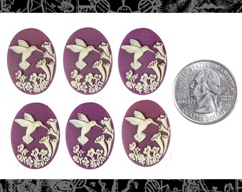 Purple and White Hummingbird Cameos 25mm x 18mm, Set of Six - XXX -  *CAM188