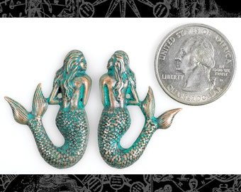 Verdigris Finished Brass Shy Mermaids Pendants Charms One Pair - V-P42