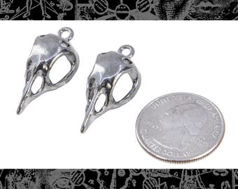 May include: Two silver-colored bird skull charms with a quarter for size comparison. The charms have a loop at the top for hanging. The background has a black and white pattern.