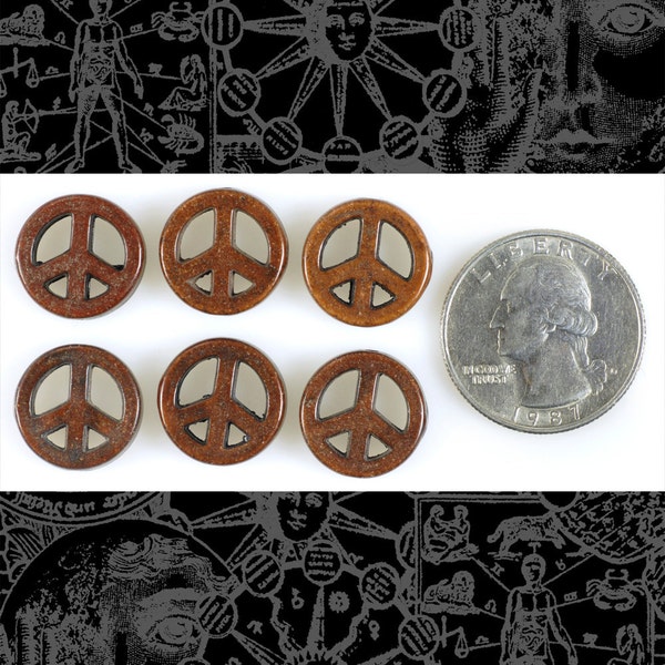 Brown 15mm Magnesite Peace Sign Beads - Set of Six - BEAD-PB9