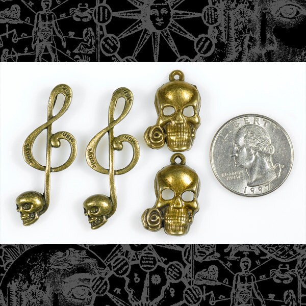 Bronze Finish Skull Pendant Set Two Skull Clutching Rose Pendants and Two Musical Skull Clef Note Pendants - ZB-SP10Set