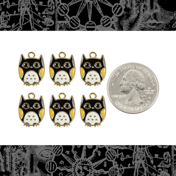 Yellow Black and White Enamel Owls Charms - Six Charms - ZG-C38