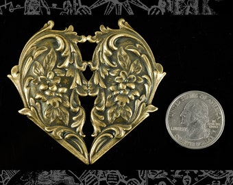 Antiqued Brass Floral Filigree Victorian Heart Pendant - AB-P02