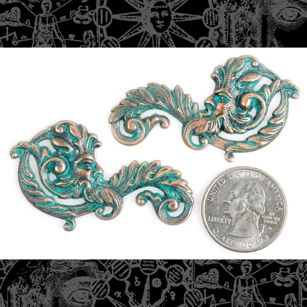 Verdigris Finished Brass Green Man Vintage Style Pendants or Wraps - V-P74