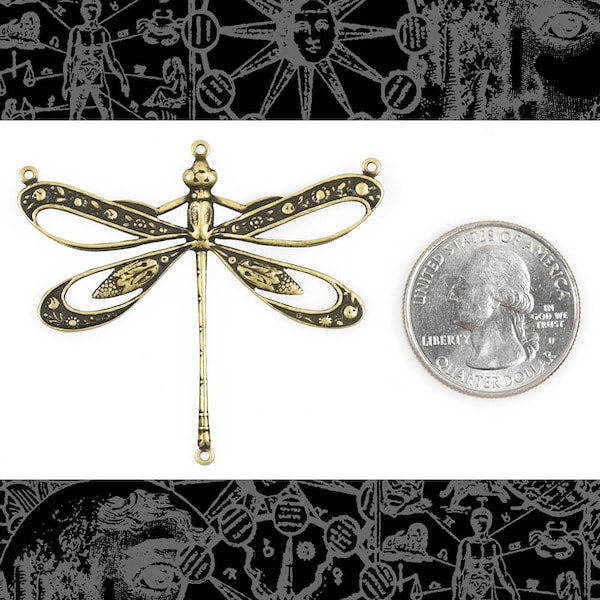 Antiqued Brass Vintage Dragonfly Pendant with Cut-Out Wings and Four Rings - One - AB-P107