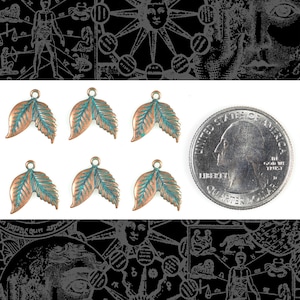 May include: Six copper-toned leaf charms with a turquoise patina. The charms are approximately the size of a US quarter.