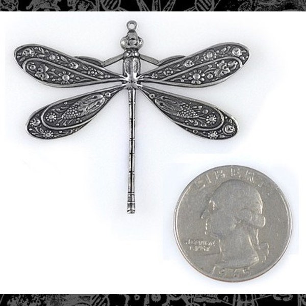 Antiqued Silver Plated Brass Vintage Dragonfly Pendant - XXX - S-P01