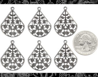 Antiqued Silver Plated Brass Filigree Teardrop Charms - Set of - Six S-C137