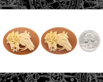 Puede incluir: Dos broches de camafeo ovalados con un diseño de cabeza de caballo crema, adornados con una rosa y un lazo, sobre un fondo marrón. Se incluye una moneda como referencia de tamaño. Los broches miden unos 3 cm de largo.
