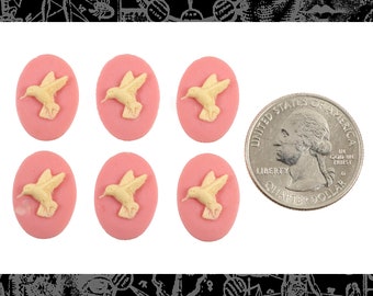 Pink and Cream Mirror Image Hummingbird Cameos 13mm x 18mm - Set of 6 - Three Pairs - CAM199