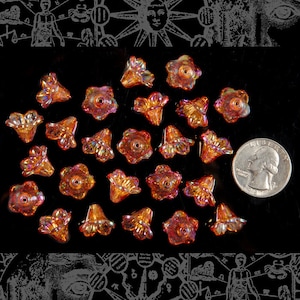 Può includere: Una collezione di 25 perline di vetro arancioni iridescenti a forma di fiore. Le perline sono tutte della stessa forma e dimensione, e hanno un aspetto leggermente irregolare, soffiato a mano. Le perline sono disposte in uno schema casuale su uno sfondo nero.