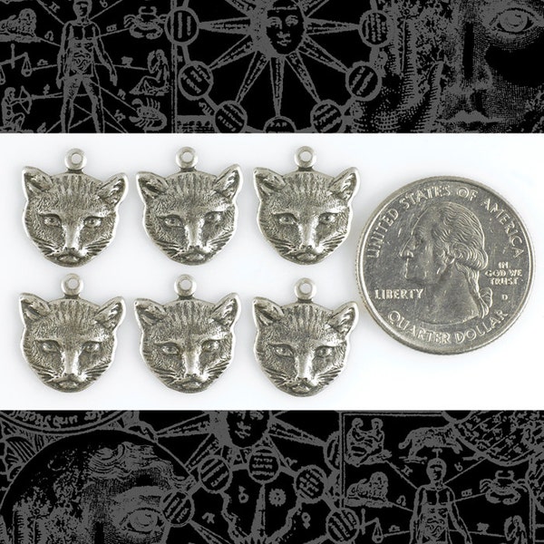 Antiqued Silver Plated Brass Cat Face Charms - Set of Six *S-C74