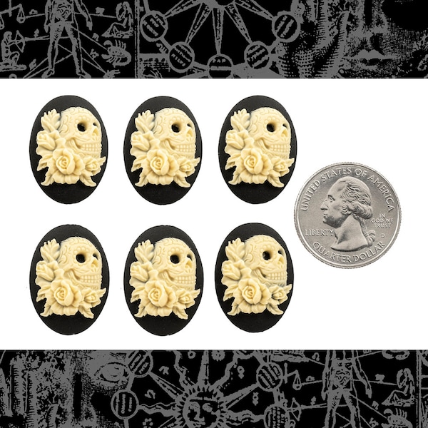 Floral Skull Cameos - Six Black and Cream 25mm x 18mm Resin Cameos - CAM158