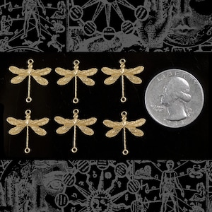Op de afbeelding: Zes gouden libellenbedels met een lus aan de bovenkant om aan sieraden of andere knutselwerkjes te bevestigen. De bedels zijn gerangschikt in twee rijen van drie, met een zilveren Amerikaanse kwart dollar munt voor de schaal.