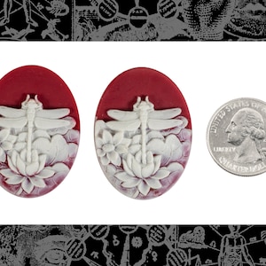 May include: Two red cameo cabochons with white raised designs of dragonflies and flowers. The cabochons are about the size of a UK 20 pence coin.