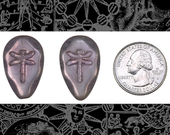 Two Lavender Teardrop Glass Pendant Beads with Beveled Edges and Bronze Dragonflys XXX *Bead-B68