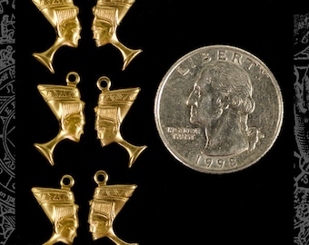 Raw Brass Egyptian Nefertiti Charms  - Three Sets of Two - B-C58