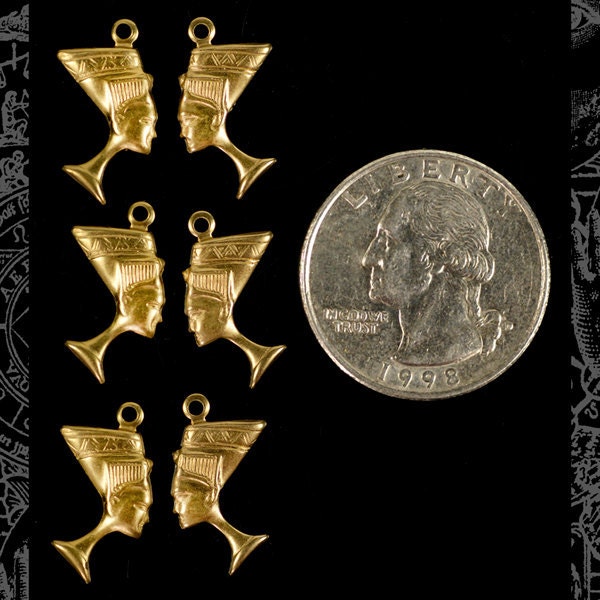 Raw Brass Egyptian Nefertiti Charms  - Three Sets of Two - B-C58