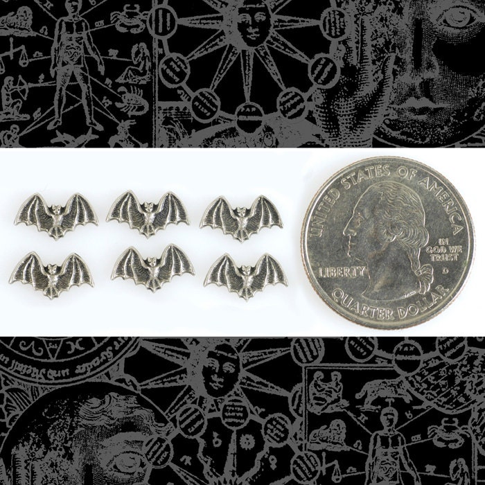 Itty Bitty Antiqued Silver Plated Brass Bat Stampings Charms - Set of Six - S-C92
